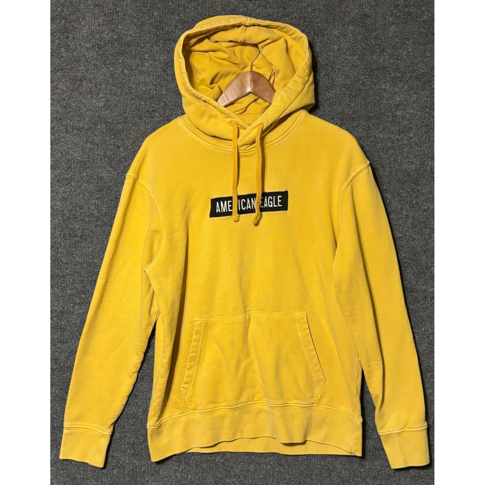 American Eagle Mens Yellow Box‎ Logo Graphic Pullover Hoodie Sweatshirt Medium